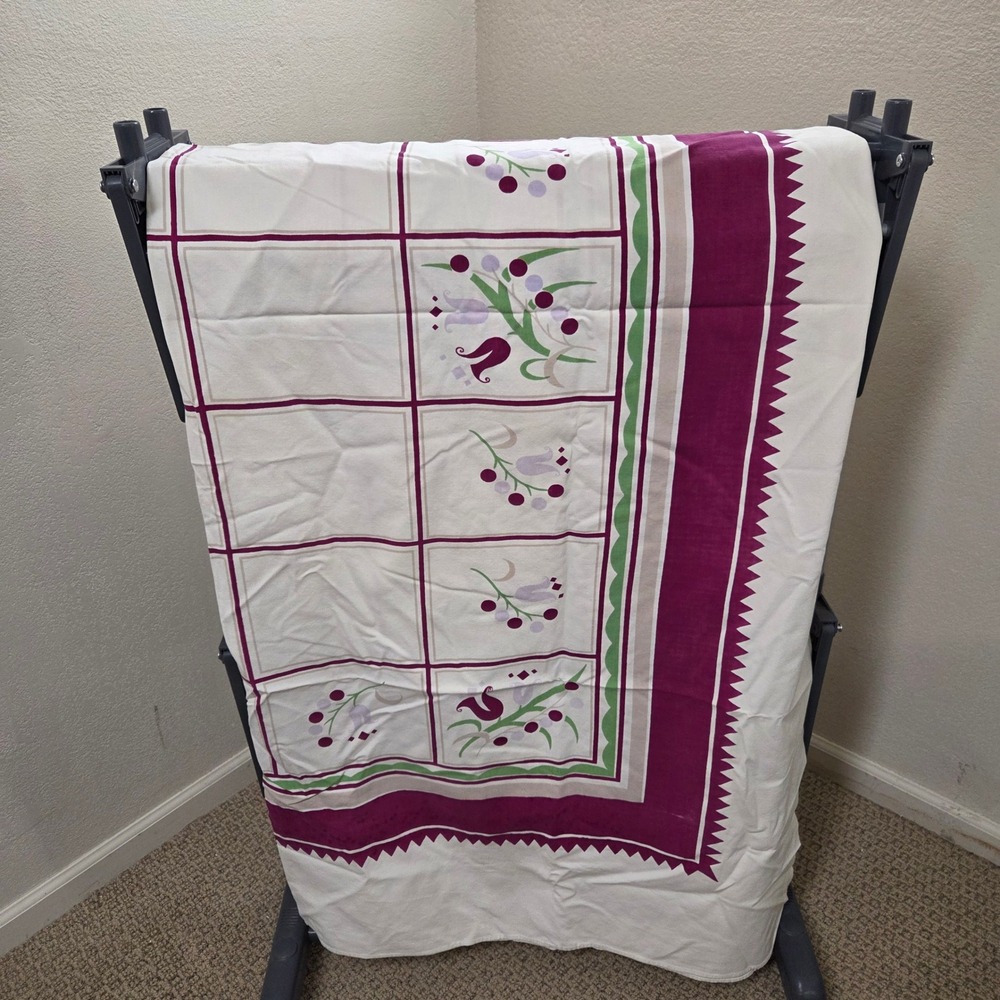Vintage French Country Floral Tablecloth Burgundy Green White 62x72 Rectangular
